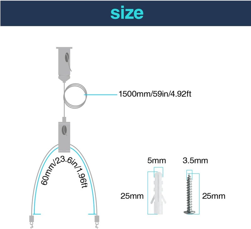 cezelux 6 Set Picture Hanging Wires Lighting Light Suspension Kit 5ft Adjustable Luminaire Hanging Wire, 2ft Not Adjustable Steel Hanging Chains for Commercial Aquarium LED Panel Light LED Shop Lights - Image 2